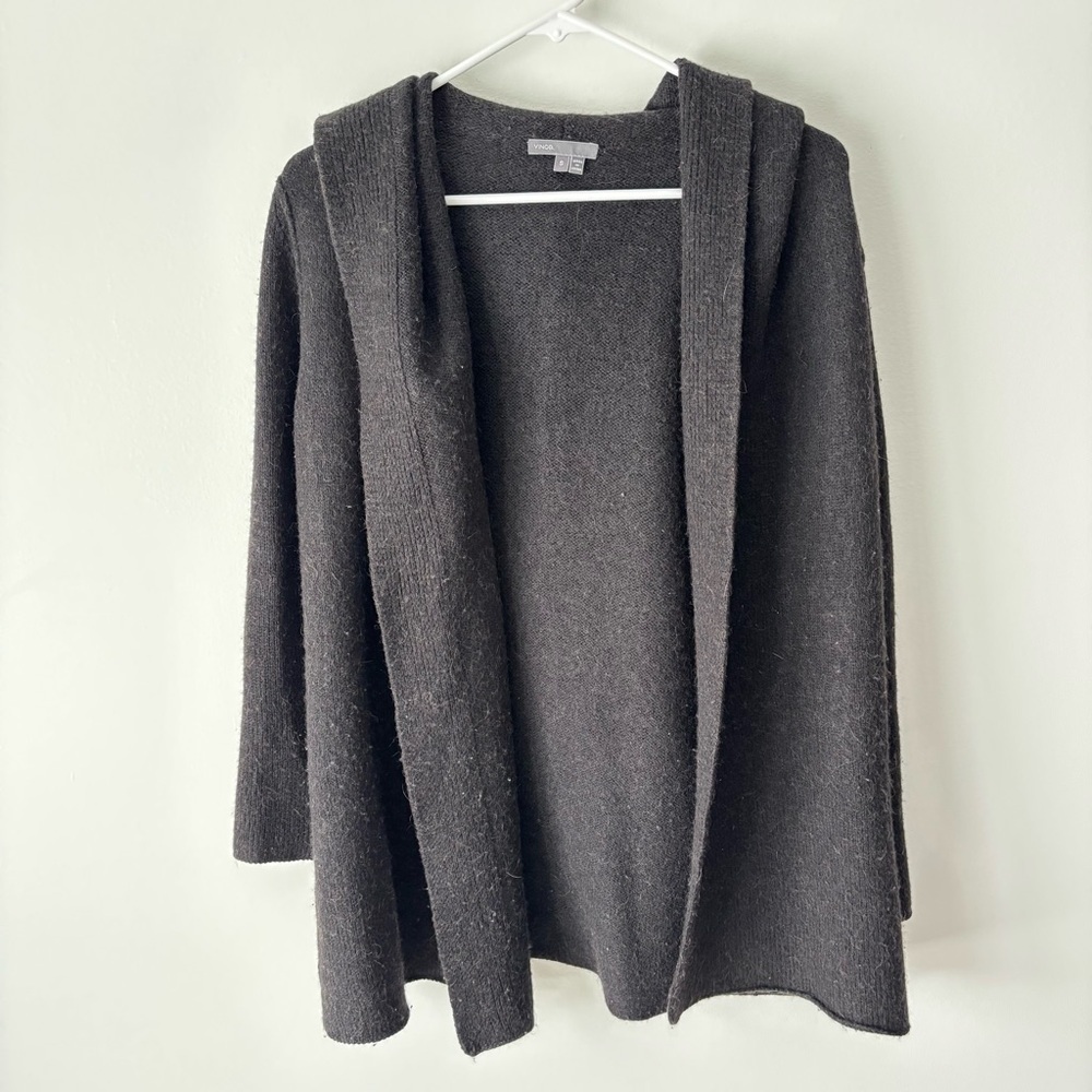 Vince Black Open Front Hooded Knit Cardigan Wool Alpaca Blend Comfy Luxury